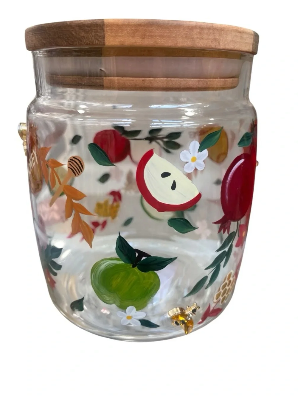 Rosh Hashanah Glass Storage Jar with Wooden Lid – Apple, Honey & Shofar Decor